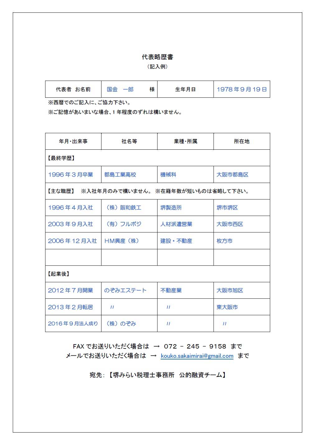 代表略歴書の記入例